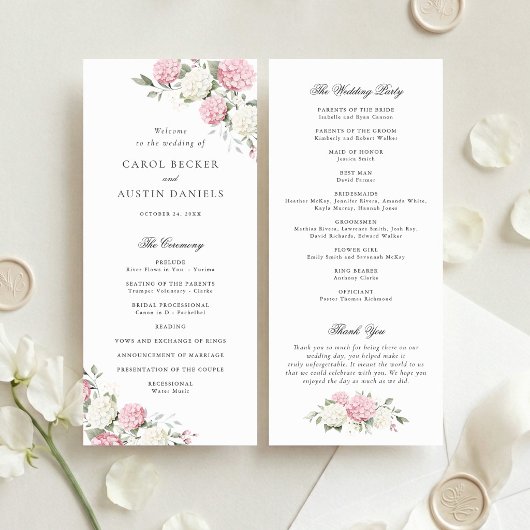 Elegantes Hochzeitsprogramm mit rosa Hortensien un Programm