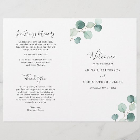 Elegantes Hochzeitsprogramm mit Salbei-Grün-Eukaly (Vorderseite)