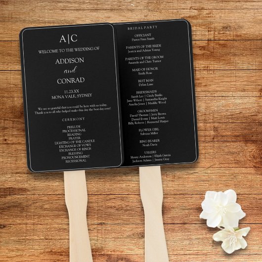 Elegantes Hochzeitsprogramm mit schwarzem Monogram Fächer
