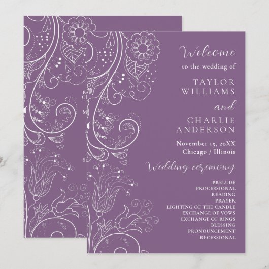 Elegantes Hochzeitsprogramm mit staubigem Violett Programm (Vorne/Hinten)