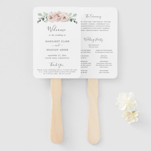 Elegantes Hochzeitsprogramm mit staubrosa Blumen Fächer (Vorne und Hinten)