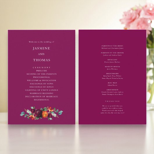 Elegantes Hochzeitsprogramm mit tiefrosa floralen Programm