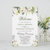 Elegantes Hochzeitsprogramm mit weißen Rosen (Stehend Vorderseite)