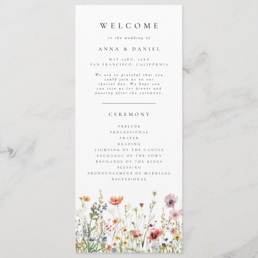 Elegantes Hochzeitsprogramm mit Wildblumen Programm (Vorderseite)