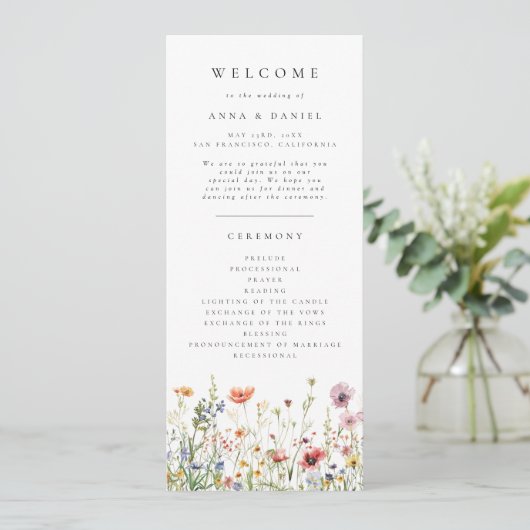 Elegantes Hochzeitsprogramm mit Wildblumen Programm (Stehend Vorderseite)