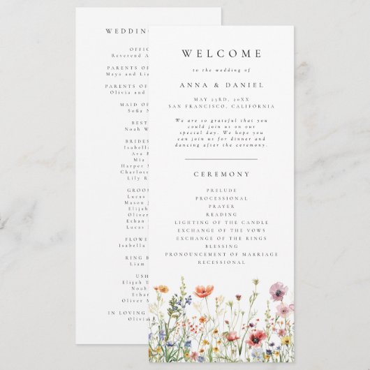 Elegantes Hochzeitsprogramm mit Wildblumen Programm (Vorne/Hinten)