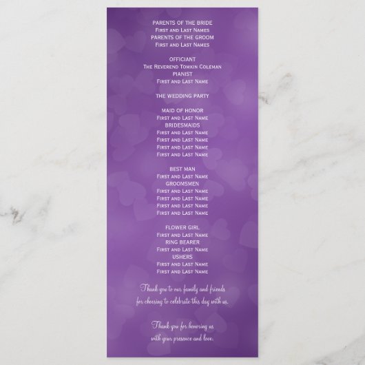 Elegantes Hochzeitsprogramm Moderne Herzen Lila Programm (Rückseite)