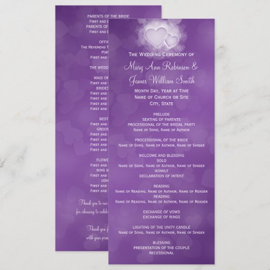 Elegantes Hochzeitsprogramm Moderne Herzen Lila Programm (Vorne/Hinten)
