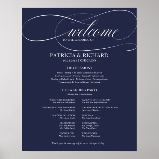 Elegantes Hochzeitsprogramm Navy Blue Poster (Vorne)