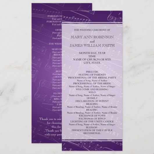 Elegantes Hochzeitsprogramm Noten Lila Programm (Vorne/Hinten)