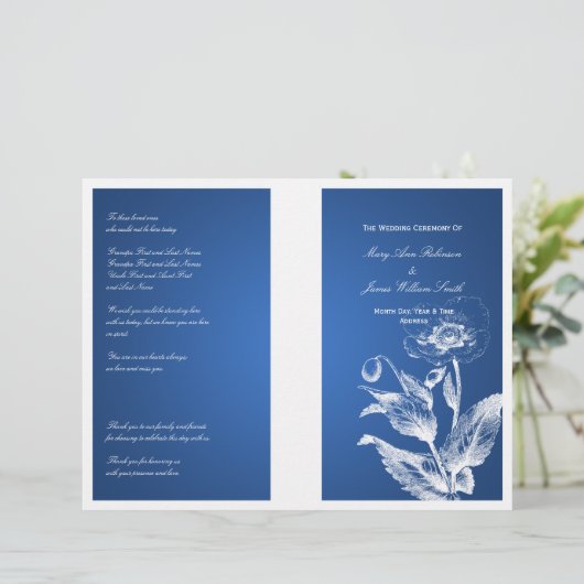 Elegantes Hochzeitsprogramm Poppy Blue (Stehend Vorderseite)