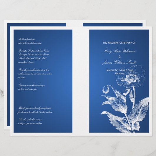 Elegantes Hochzeitsprogramm Poppy Blue (Vorne/Hinten)