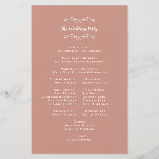 Elegantes Hochzeitsprogramm Rose Gold Moderne Zere (Rückseite)