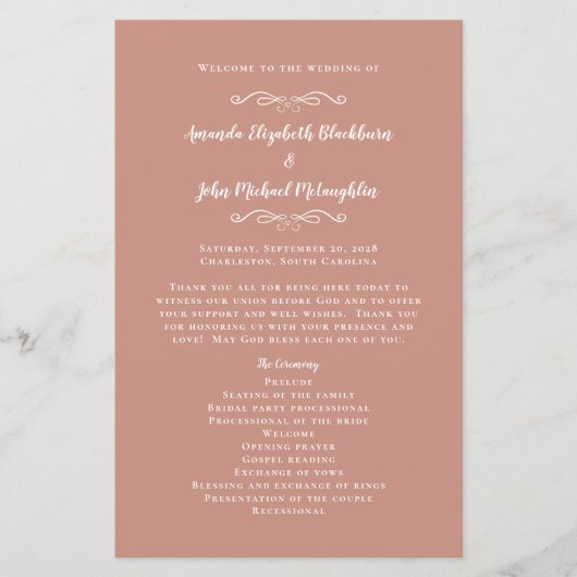 Elegantes Hochzeitsprogramm Rose Gold Moderne Zere (Vorderseite)