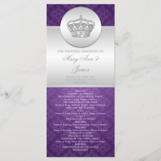 Elegantes Hochzeitsprogramm Royal Crown Lila Programm (Vorderseite)