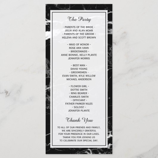 Elegantes Hochzeitsprogramm | Schwarz-weißer Marmo Programm (Rückseite)