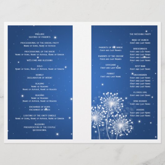 Elegantes Hochzeitsprogramm Sommer Sparkle Sapphir (Rückseite)