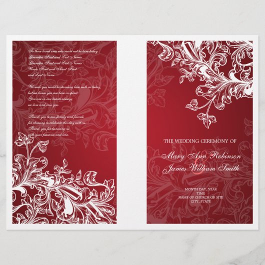 Elegantes Hochzeitsprogramm Vintage Wirbel Rot (Vorderseite)