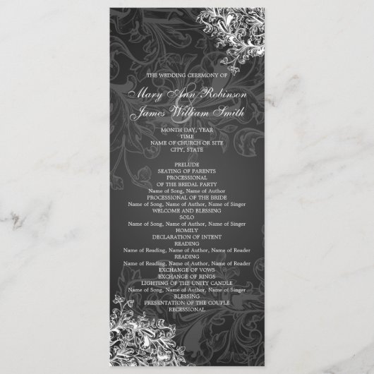 Elegantes Hochzeitsprogramm Vintage Wirbel Schwarz Programm (Vorderseite)