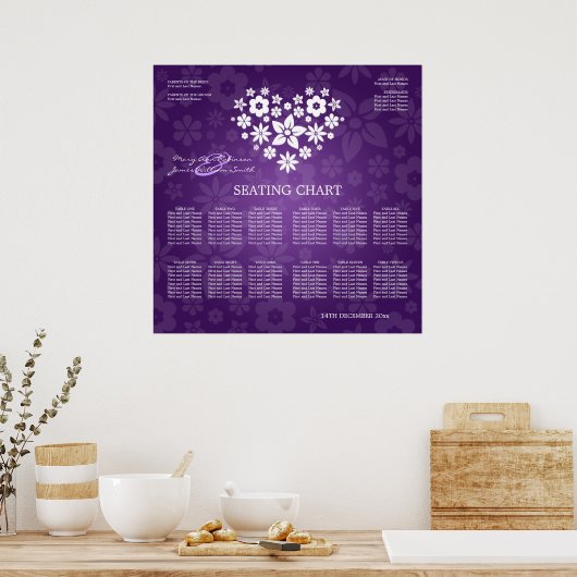Elegantes Hochzeitssatteldiagramm Lila Herz Poster (Küche)