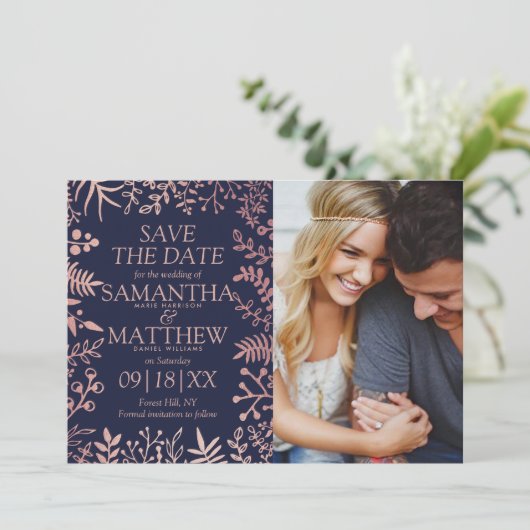 Elegantes Hochzeitsschiff der Marine & Rose Gold F Save The Date (Stehend Vorderseite)