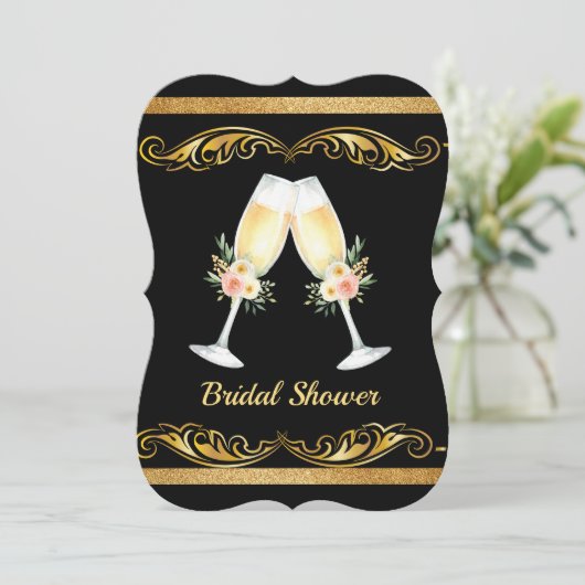 Elegantes Hochzeitsschwarz-Gold-Brautparty Einladung (Stehend Vorderseite)