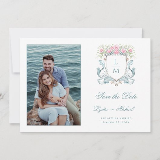 Elegantes Hochzeitssemble mit Rose | Monogramm Save The Date (Vorderseite)