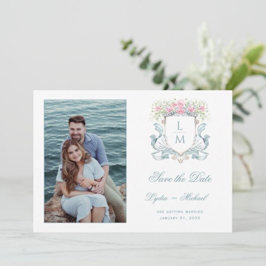 Elegantes Hochzeitssemble mit Rose | Monogramm Save The Date (Stehend Vorderseite)