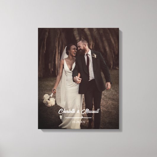 Elegantes Hochzeitsskript-Foto mit Namen und Datum Leinwanddruck (Vorderseite)