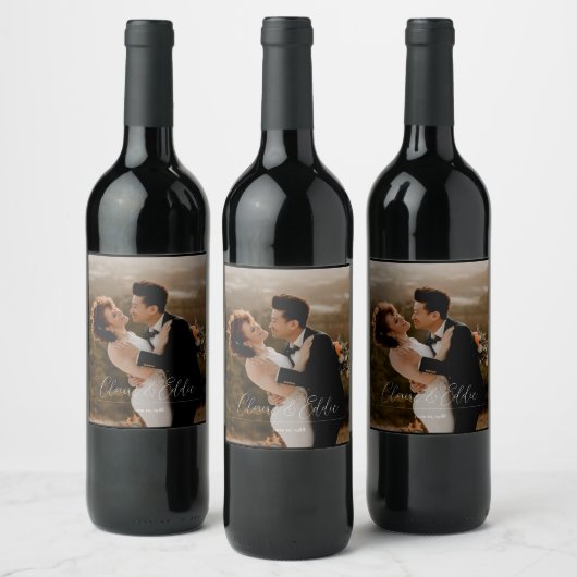 Elegantes Hochzeitsskript personalisiertes Foto Weinetikett (Flaschen)