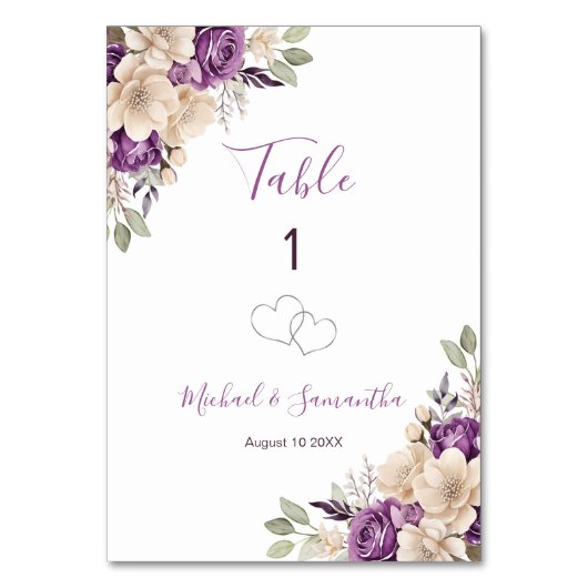 Elegantes Hochzeitssymbol für Lila und Elfenbeinkü Tischnummer (Vorderseite)