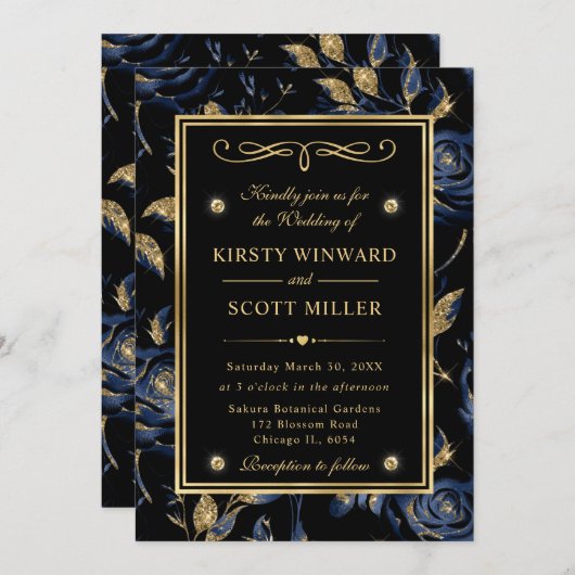 Elegantes Hochzeitstil der Marine und Gold Rose Einladung (Vorne/Hinten)