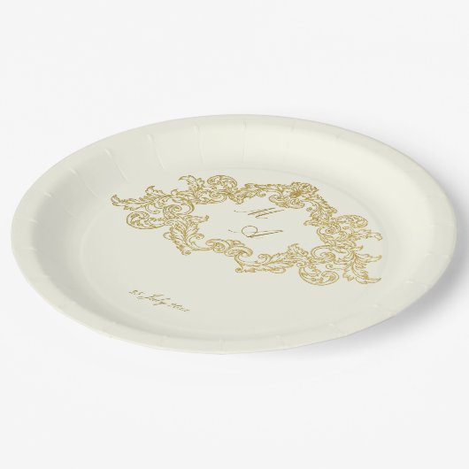 Elegantes Hochzeitstil für Elfenbein und Gold Pappteller (Schrägansicht)