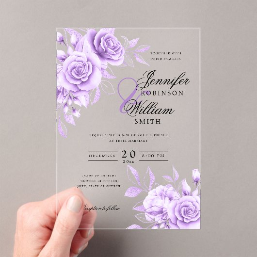 Elegantes Hochzeitstil Lila Rose Blumenthema Acryleinladungen (Insitu (Handheld))
