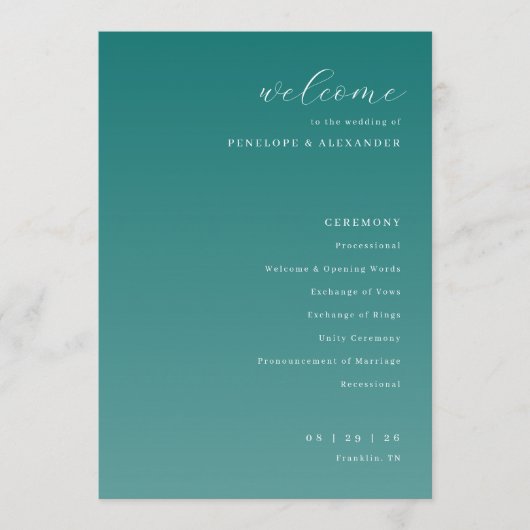 Elegantes Hochzeitszeremonie-Programm in Türkis Programm (Vorderseite)