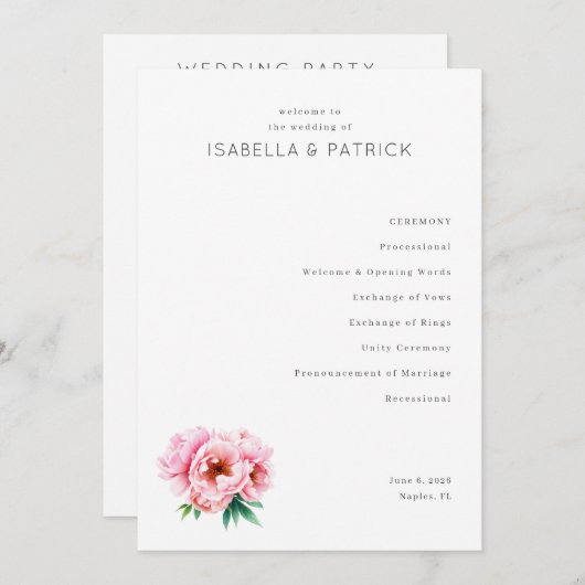 Elegantes Hochzeitszeremonie-Programm Programm (Vorne/Hinten)