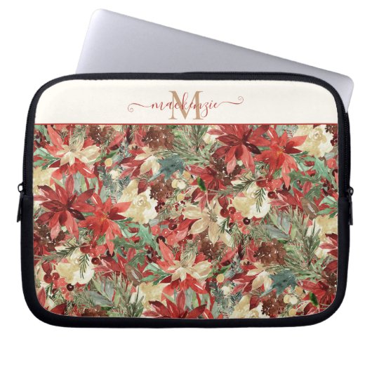 Elegantes Holiday Poinsettia Floral Monogramm Laptopschutzhülle (Vorderseite)