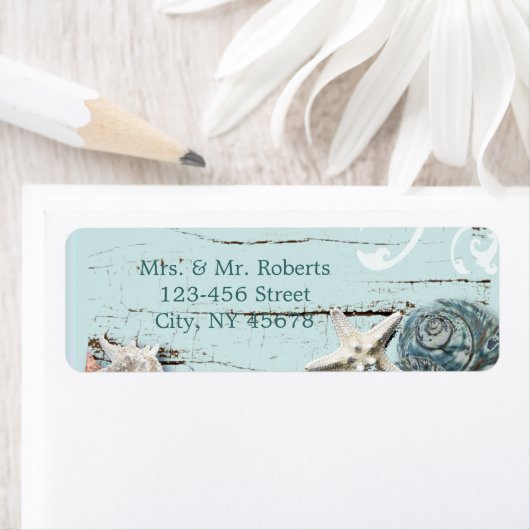 Elegantes Holz BLue Seashells Beach Wedding (Insitu)