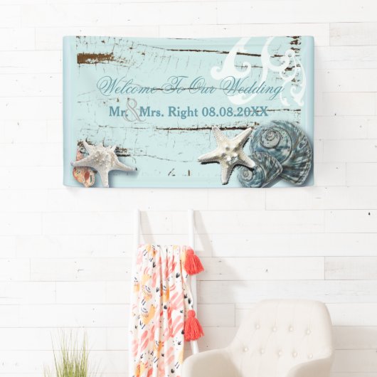 Elegantes Holz BLue Seashells Beach Wedding Banner (Insitu)