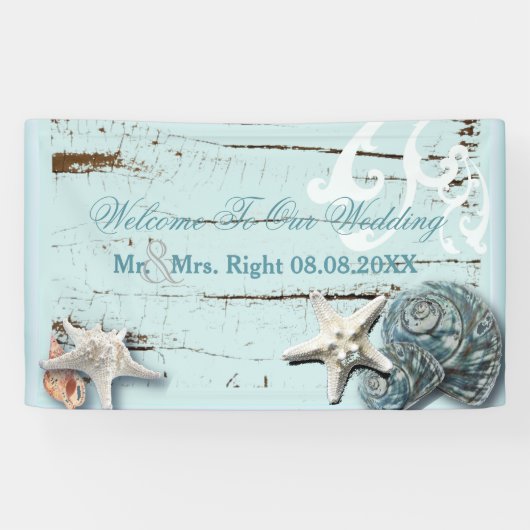 Elegantes Holz BLue Seashells Beach Wedding Banner (Horizontal)