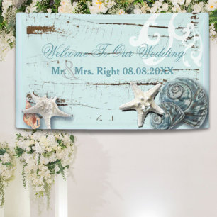 Elegantes Holz BLue Seashells Beach Wedding Banner