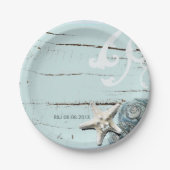 Elegantes Holz BLue Seashells Beach Wedding Gefall Pappteller (Vorderseite)