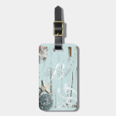 Elegantes Holz BLue Seashells Beach Wedding Gepäckanhänger (Vorderseite vertikal)