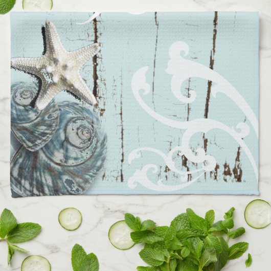 Elegantes Holz BLue Seashells Beach Wedding Geschirrtuch (Gefaltet)