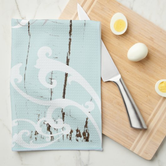 Elegantes Holz BLue Seashells Beach Wedding Geschirrtuch (Viertel Falte)