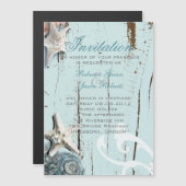 Elegantes Holz BLue Seashells Beach Wedding Magneteinladung (Vorne/Hinten)
