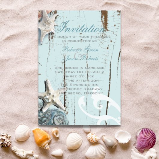 Elegantes Holz BLue Seashells Beach Wedding Magneteinladung