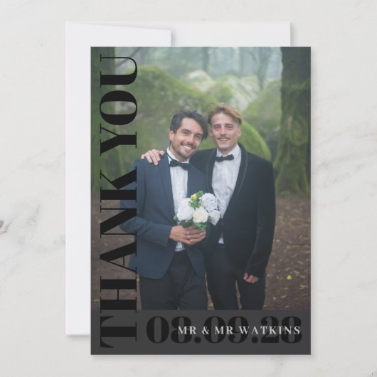 Elegantes Holzkohle-Typografie-Hochzeitsstift-Foto Dankeskarte (Vorderseite)