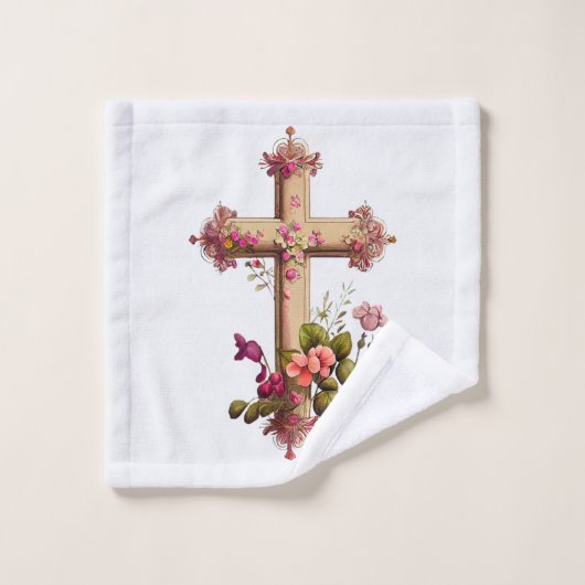 Elegantes Holzkreuz mit rosa Blume Badhandtuch Set (Waschlappen)