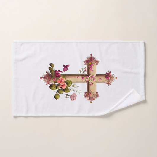 Elegantes Holzkreuz mit rosa Blume Badhandtuch Set (Handtuch)